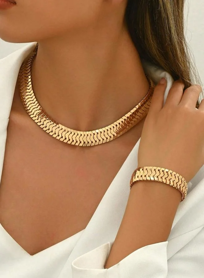 تايك تو طقم عقد وسوار ذهبي بتصميم هيرنغبون للنساء